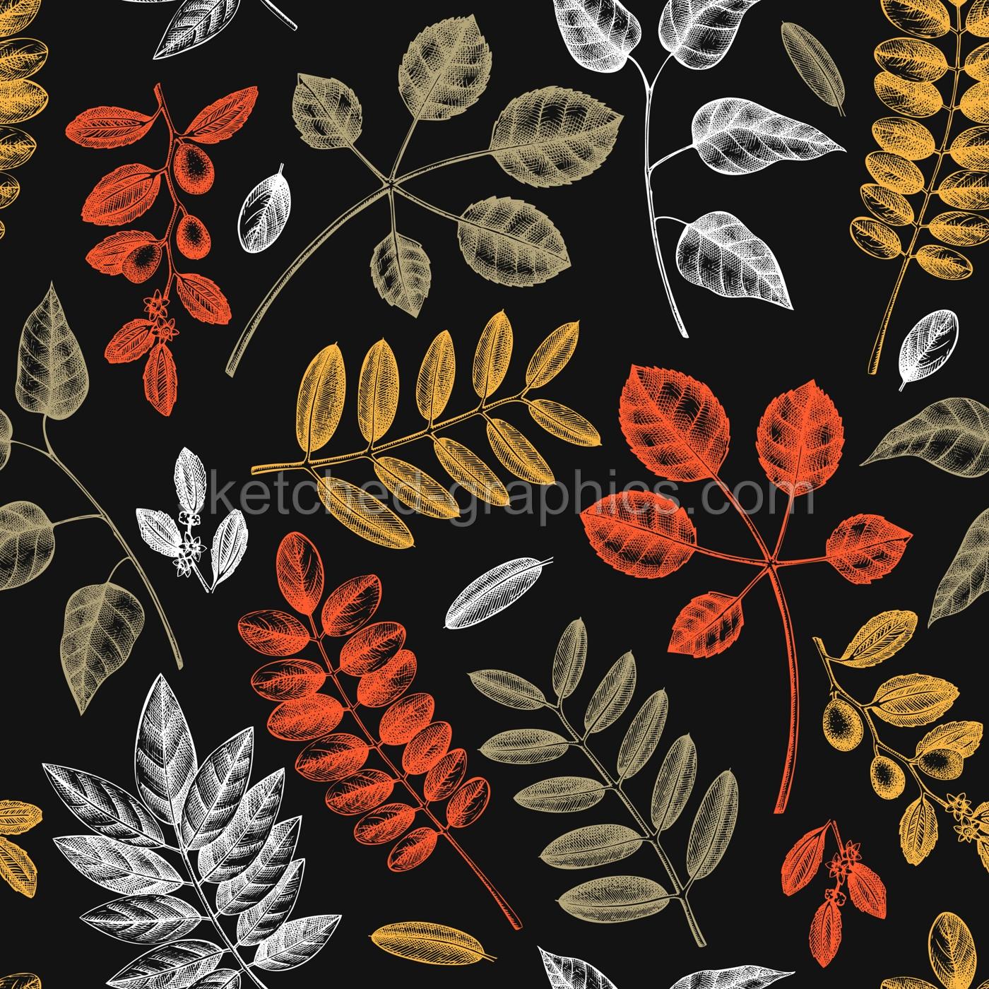 Autumn leaves seamless pattern. With hand sketched forest plants and foliage illustrations. Perfect for invitation, textile, wrapping, packaging. Elegant autumn backdrop Illustration